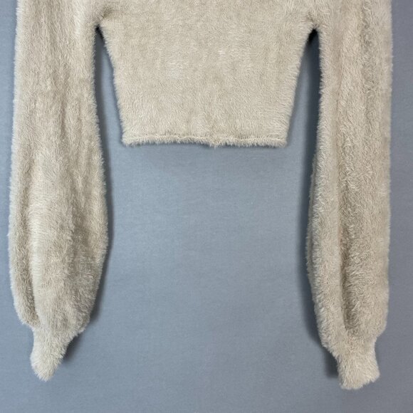 Forever 21 Fuzzy Crop Top Sweater Balloon Sleeve Size Medium Beige Gathered Bust - Picture 6 of 11